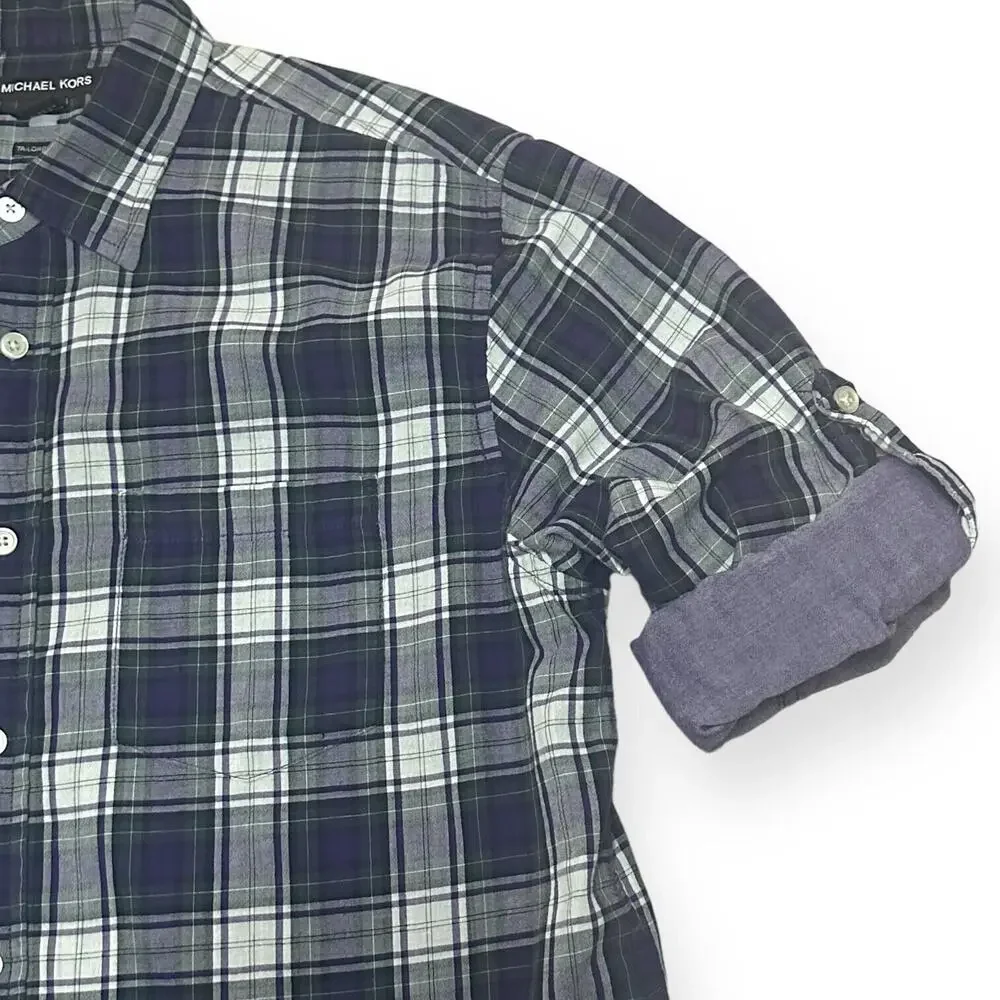 MICHAEL KORS Tailored Fit Plaid Button Up Shirt Roll Tab Sleeve Purple Black L